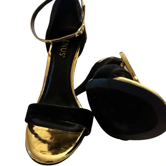 VENUS Black and Gold Strappy Stiletto Open Toe Heels With Ankle Strap - Picture 3 of 8
